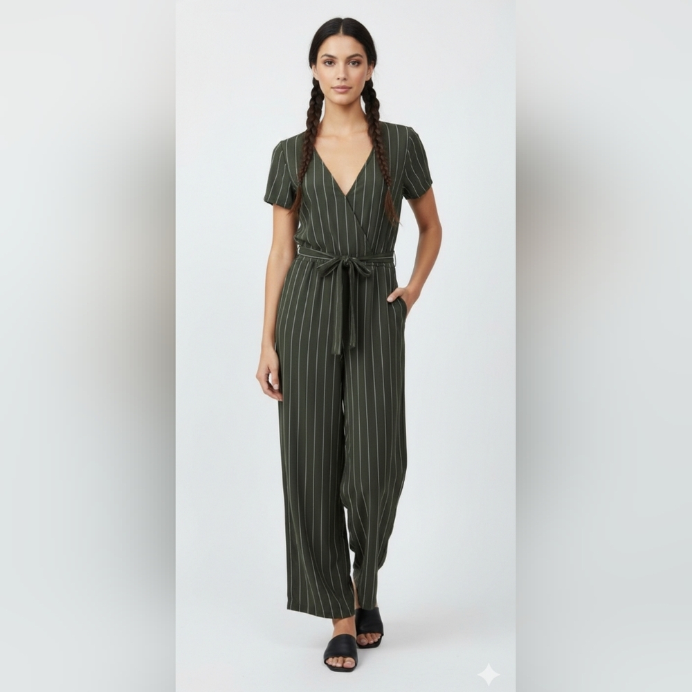 Green Maroon Striped Jumpsuit Wide Leg Festival Summer Belted Casual M